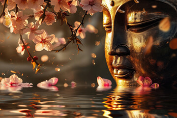 golden buddha face with big glowing lotus with cherry blossom flowers, colorful flowers, nature green background