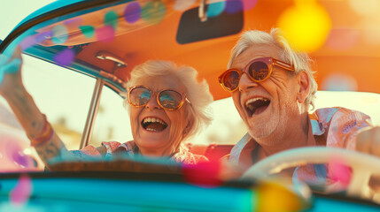 Happy senior couple having fun driving enjoying vacations trip together, Lifestyle road trip travel, colorful with warm light, empower and joyful life concept