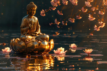 golden buddha with big glowing lotus with cherry blossom flowers, colorful flowers, nature background