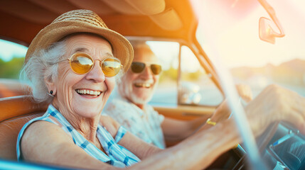 Happy senior couple having fun driving enjoying vacations trip together, Lifestyle road trip travel, colorful with warm light, empower and joyful life concept - obrazy, fototapety, plakaty
