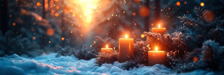 Fototapeta na wymiar Candles Snow Christmas Decorations, Background HD, Illustrations