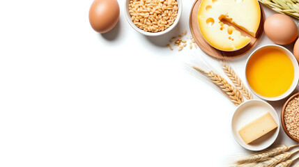 Obraz na płótnie Canvas Barley and cheese,wheat,egg on white background with text space. Top view. Generated with AI.