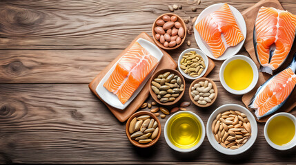 Sources of omega 3 fatty acids, flaxseeds, avocado, salmon and walnuts on wooden table, copy space