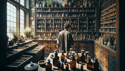 Exploring a holistic medicine storage with diverse herbs, mixers, and vials in a home setting - obrazy, fototapety, plakaty