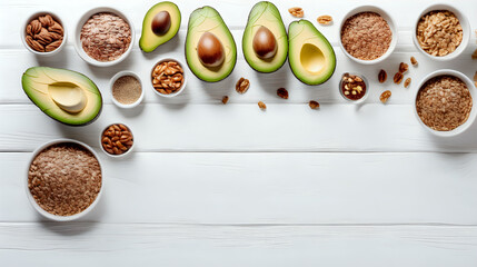 Food in omega 3 fatty acid and healthy fats. Avocado and almond, flaxseeds oil omega 3. Text space and wooden white background. Generated with AI. - obrazy, fototapety, plakaty