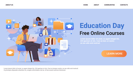 mix race students watching free online courses on laptop education day live webinar e-learning concept