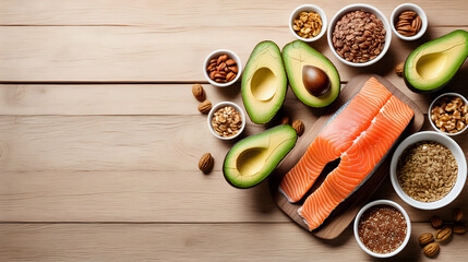Food in omega 3 fatty acid and healthy fats. Avocado and almond, flaxseeds oil, salmon in omega 3. Text space and wooden background. Generated with AI.
