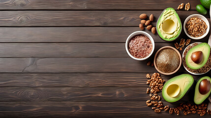 Food in omega 3 fatty acid and healthy fats. Avocado and almond, flaxseeds oil, salmon in omega 3. Text space and wooden background. Generated with AI. - obrazy, fototapety, plakaty