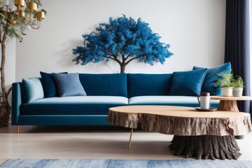 Interior home design of living room with vibrant blue velvet sofa and tree stump table