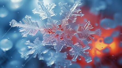 An infrared image of a snowflake melting on a warm surface, revealing the transfer of thermal energy as the snowflake changes from solid to liquid. - obrazy, fototapety, plakaty