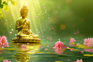 golden buddha with big glowing lotus with cherry blossom flowers, colorful flowers, nature background
