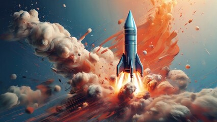 An abstract depiction of a technologyinspired background with a skyrocketing rocket launching towards a successful future for a startup.