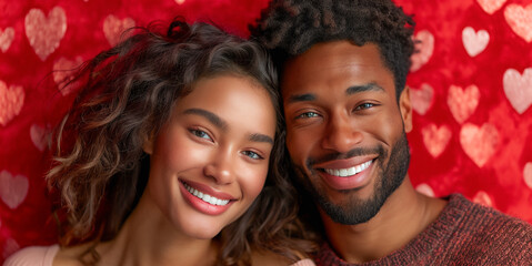 Portrait of a happy young beautiful couple on red background, close up, smiling people. Valentine's day concept