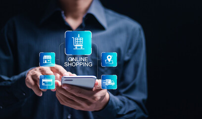 Online Shopping concept. Businessman uses a smartphone with an online shopping icon on a virtual screen. Explore a seamless online shopping service with convenient home delivery options
