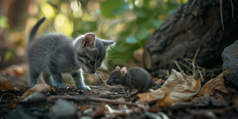 little grey kitten with rat, generative AI