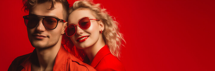 Obraz premium Portrait of a happy young beautiful couple on red background, close up, smiling people. Valentine's day concept