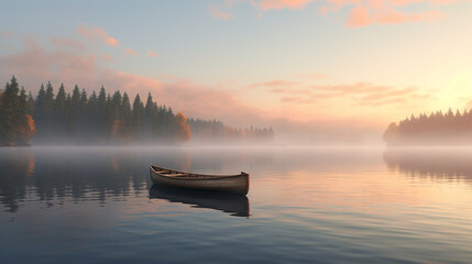 A 3D visualization of a minimalist rowboat on a placid lake, the scene's tranquility accentuated