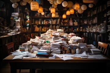 Desk covered in paperwork, illustrating the challenges of maintaining organization in a busy office, Generative AI