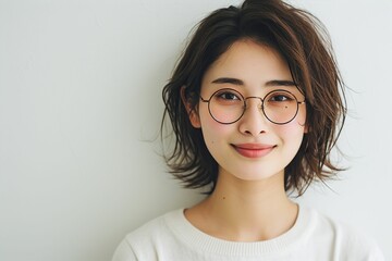 メガネをかける笑顔の日本人女性のポートレート（白背景・メガネ・めがね・レーシック・視力矯正・眼科）