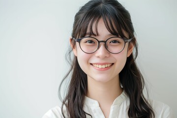 Obraz premium メガネをかける笑顔の日本人女性のポートレート（白背景・メガネ・めがね・レーシック・視力矯正・眼科）
