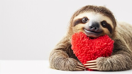 Smiling cute sloth hug hearts pillow isolated on white, Women's Day, Mother's Day, Valentine's Day, Wedding concept. Copy space.