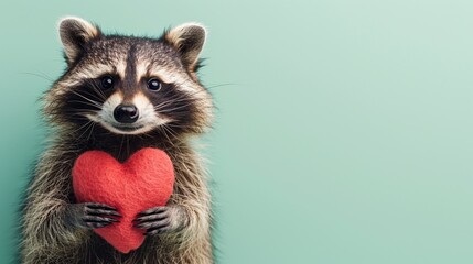 Valentine's day cute and smiling small racoon holding heart isolated on pastel green background, Women's Day, Mother's Day, Valentine's Day, Wedding concept. Copy space.