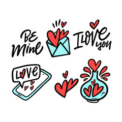 Hand drawn colorful love set element and lettering phrase.