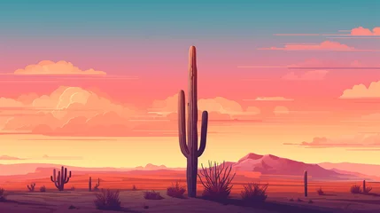 Zelfklevend Fotobehang flat illustration of a lone cactus in desert, stripped basic geometries, standing against sunset sky © Aura