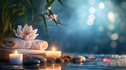 Concept of a spa beauty treatment background with calming and relaxing elements such as candles,...