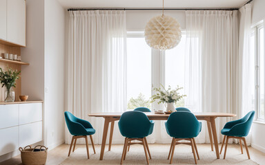 Color chairs around a round wooden dining table near a window with light green and white curtains, showcasing Scandinavian interior design in a modern dining room.