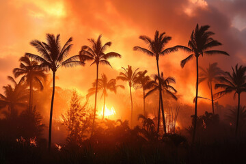 Fototapeta na wymiar Tropical Island Fire at Night - Smoke, Palm Trees, Beach, Water