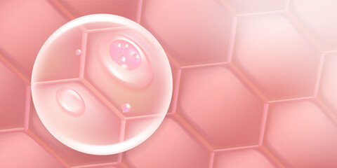 Hyaluronic acid hair and skin solutions ad, pink collagen serum drops into skin cells with cosmetic advertising background ready to use, illustration vector.