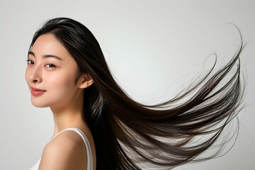 黒髪の綺麗な日本人女性の横顔の写真（ヘアケア・ロングヘア・縮毛矯正・ストレート・背景なし）