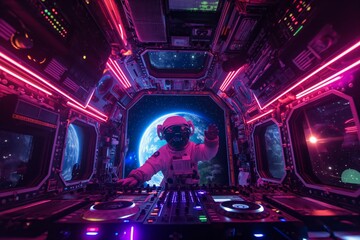 Obraz premium Astronaut DJ Mixing Music in Space Station with Earth View