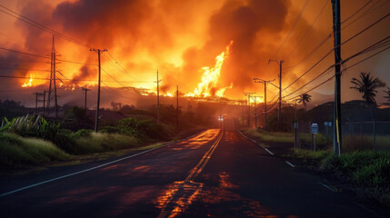 Tropical Island Forest Fire at Night - Smoke, Palm Trees, Road Wildfire