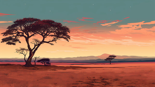 earth toned art of sparse savanna scene, with single acacia tree against backdrop soft sunset colors