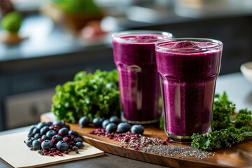 Healthy Berry Smoothie in Glasses with Fresh Ingredients - obrazy, fototapety, plakaty