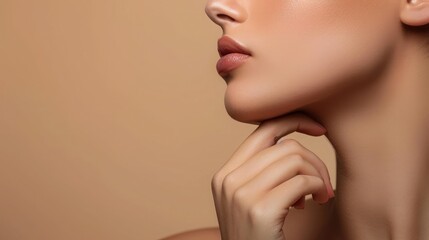 Fototapeta na wymiar side view of cropped woman with perfect skin touching chin isolated on beige
