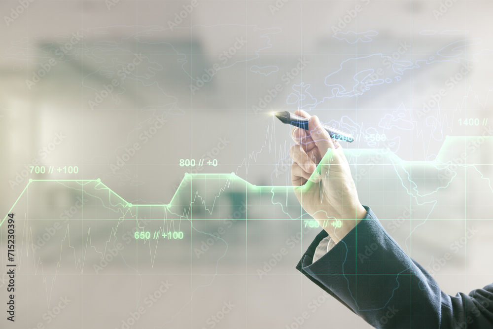 Poster man hand with pen working with abstract virtual stats data hologram on blurred office background. mu