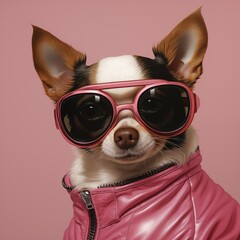 
portrait of a chihuahua dog with pink glasses, pink bow and jacket pink and black, chain and stud details, pink background, sharp focus, highly detailed
