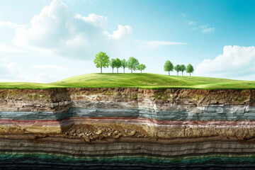 Cross-Section of Soil Showing Different Layers Under Green Trees - obrazy, fototapety, plakaty