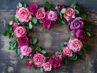 Pink and magenta fresh roses Round frame in heart shape on wooden aged background,