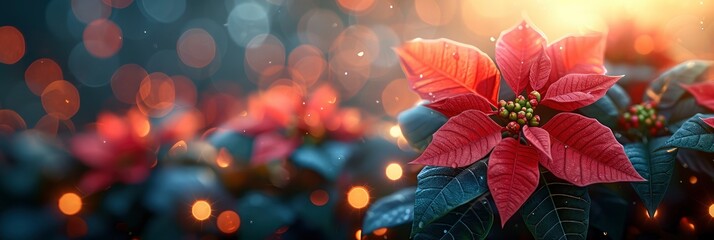 Christmas Flower Poinsettia On Blurred Background, Background HD, Illustrations