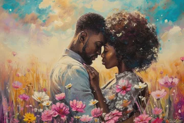 Fotobehang beautiful romance of lovers on valentines day in nature outdoors embracing with affection pragma . african american black people . © Summit Art Creations