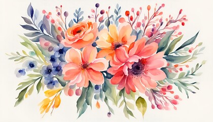 Set of floral bouquet of colorful flowers, Watercolor, spring collection of hand drawn flowers, Botanical plant illustration , elegant watercolor, mother's day, women's day, banner, templates, ai