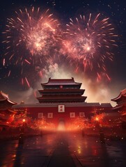 Magnificent Tian 'anmen Square, Gift bag, Fireworks, Fairy light, Stars, Starry Red Sky, Matte painting by Michael James Smith, CG rendering, Volume Light, Space Art with generative ai