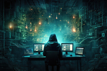 Cyber Security Hacker at Workstation, Generative AI