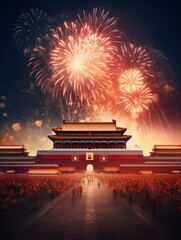 Magnificent Tian 'anmen Square, Gift bag, Fireworks, Fairy light, Stars, Starry Red Sky, Matte painting by Michael James Smith, CG rendering, Volume Light, Space Art with generative ai