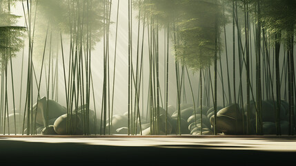 peaceful bamboo grove, where light and shadow play on the minimalist green stalks 3D rendering