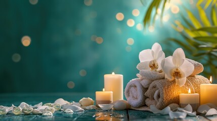 Obraz na płótnie Canvas Background concept for a spa beauty treatment, incorporating calming elements like candles, massage stones, and aromatic flowers for a relaxing ambiance